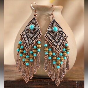 🧡 Boho Turquoise Beaded Dangle Earrings Antique Copper Southwest